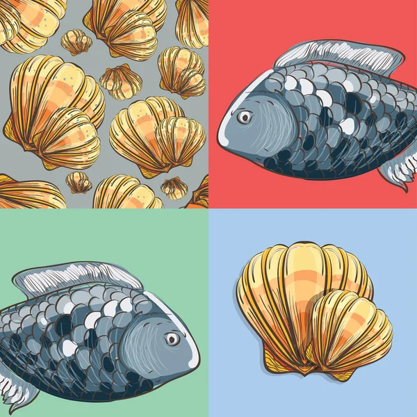 海の魚および貝 — ストックベクタ