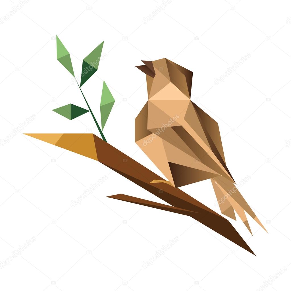 Origami sparrow isolated on white background sitting on  branch with green leaves