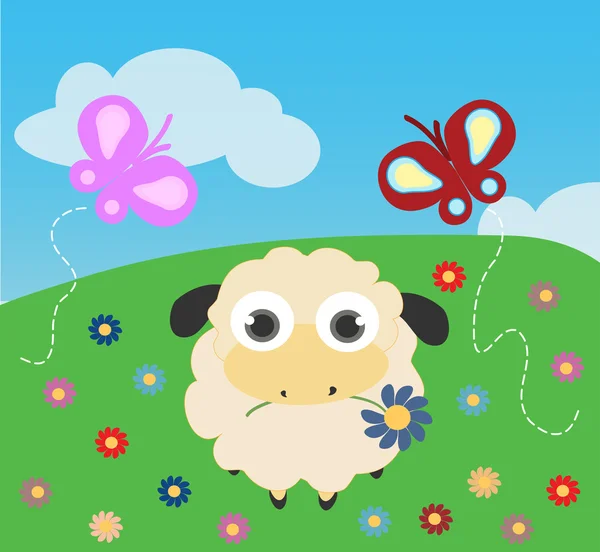 Sheep with flower and butterflies — Stock Vector