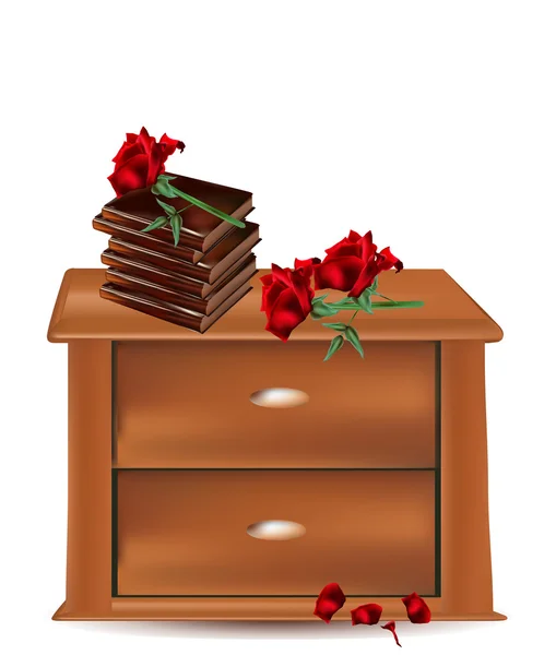 Wooden bedside with books and roses — Stock Vector