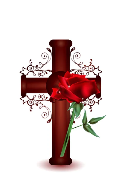 Cruz con una rosa roja — Vector de stock