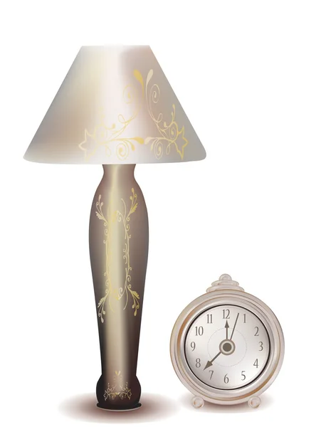 Lámpara con adornos florales y reloj viejo — Vector de stock