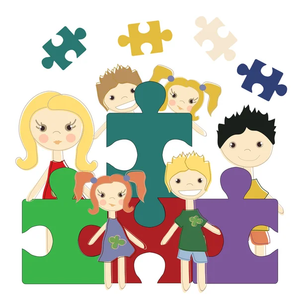 Zes kinderen met puzzel — Stockvector