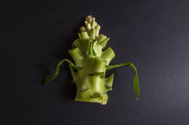 Taze yeşil brokoli sapı koyu arkaplanda sebze kapağı.