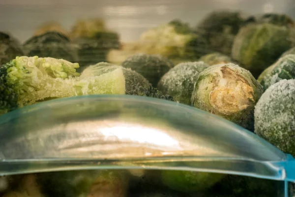 Brotos Brócolis Congelados Brotos Brussel Interior Congelador Frigorífico Closeup — Fotografia de Stock