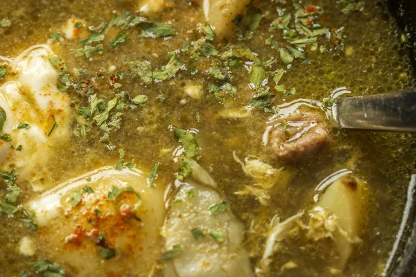 Sopa de azeda verde em placa de mergulho close-up — Fotografia de Stock