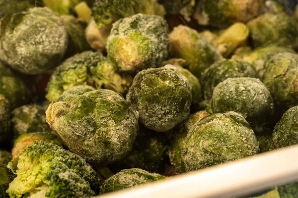 Brotos de brócolis congelados e brotos de brussel no interior congelador frigorífico closeup — Fotografia de Stock