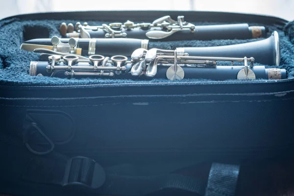Κλαρινέτο μέσα σε θήκη αποθήκευσης μουσικών οργάνων closeup — Φωτογραφία Αρχείου