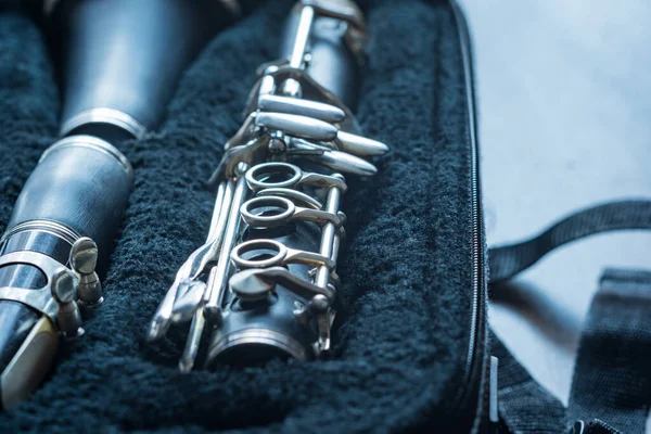 Clarinet inside musical instrument storage case closeup — Stock Photo, Image