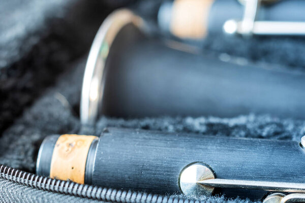 clarinet inside musical instrument storage case closeup