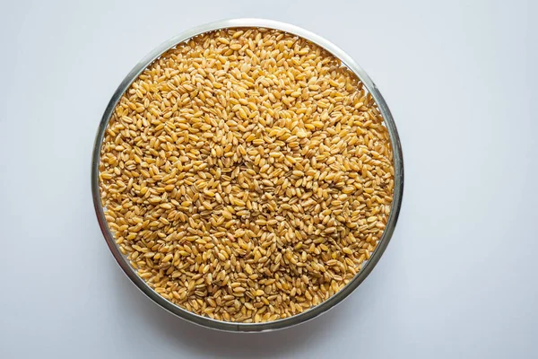 Круглий контейнер пшеничного зерна на білому тлі над — стокове фото