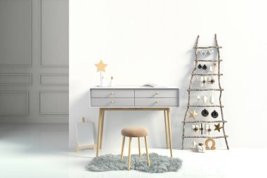 İskandinav tarzında çalışma masası olan modern bir Noel tasarımı. Duvar modeli. 3B illüstrasyon