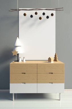 Pencereler, İskandinav tarzı ile modern Noel iç. Poster kadar sahte. 3D çizim