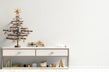 Credenza 'nın modern Noel iç mimarisi, İskandinav tarzı. Duvar modeli. 3d illüstrasyon