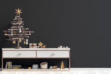 Credenza 'nın modern Noel iç mimarisi, İskandinav tarzı. Duvar modeli. 3d illüstrasyon