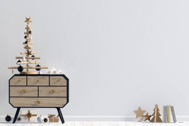 Credenza 'nın modern Noel iç mimarisi, İskandinav tarzı. Duvar modeli. 3d illüstrasyon