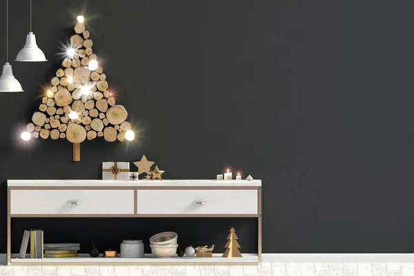 现代圣诞内饰与Credenza 斯堪的纳维亚风格 墙是假的 3D说明 — 图库照片