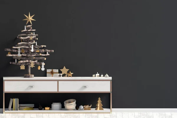 现代圣诞内饰与Credenza 斯堪的纳维亚风格 墙是假的 3D说明 — 图库照片