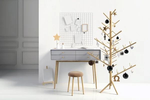 Intérieur Moderne Noël Avec Table Travail Style Scandinave Mur Maquillé Images De Stock Libres De Droits