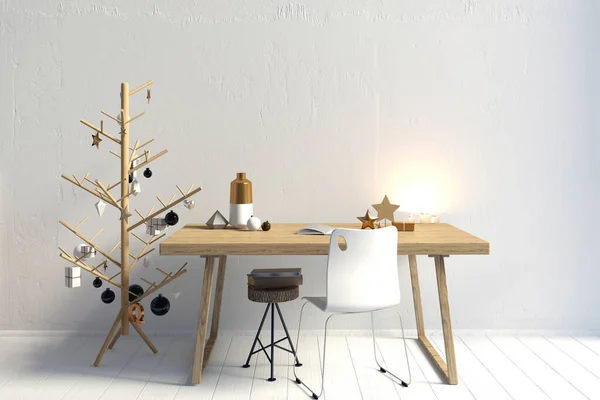 仕事テーブル 北欧スタイルのモダンなクリスマスインテリア 壁のモックアップ 3Dイラスト ロイヤリティフリーのストック画像