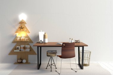 İskandinav tarzıyla modern Noel iç mimarisi. Duvar modeli. 3B illüstrasyon