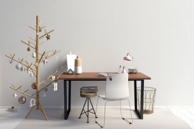 İskandinav tarzıyla modern Noel iç mimarisi. Duvar modeli. 3B illüstrasyon