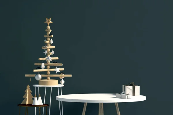 现代圣诞内饰与餐桌 斯堪的纳维亚风格 墙是假的 3D插图 — 图库照片