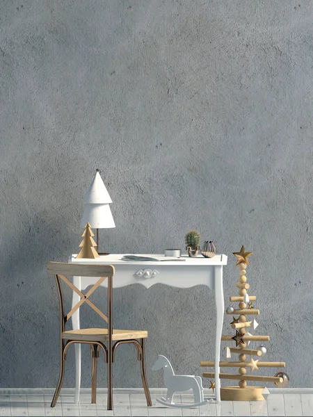 现代圣诞内饰与餐桌 斯堪的纳维亚风格 墙是假的 3D插图 免版税图库照片