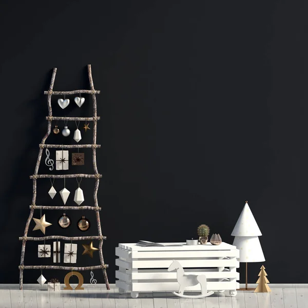现代圣诞内饰与咖啡桌 斯堪的纳维亚风格 墙是假的 3D插图 图库照片