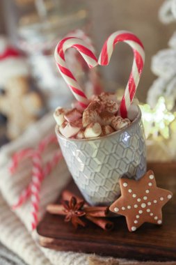 Bir fincan ve kurabiyeyle rahat bir Noel kompozisyonu. Şekerli sıcak çikolata..
