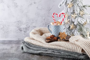 Bir fincan ve kurabiyeyle rahat bir Noel kompozisyonu. Şekerli sıcak çikolata..