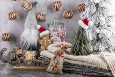 Bir fincan ve kurabiyeyle rahat bir Noel kompozisyonu. Şekerli sıcak çikolata..