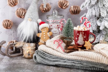 Bir fincan ve kurabiyeyle rahat bir Noel kompozisyonu. Şekerli sıcak çikolata..