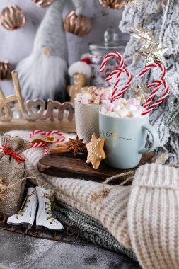 Bir fincan ve kurabiyeyle rahat bir Noel kompozisyonu. Şekerli sıcak çikolata..