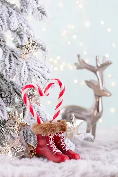 Boże Narodzenie Cukierek Trzcina Serce Bokeh Tło — Zdjęcie stockowe