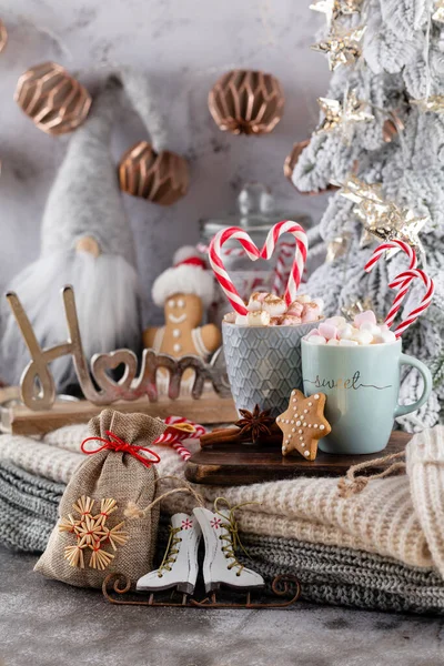 Bir fincan ve kurabiyeyle rahat bir Noel kompozisyonu. Şekerli sıcak çikolata..