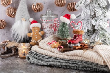 Bir fincan ve kurabiyeyle rahat bir Noel kompozisyonu. Şekerli sıcak çikolata..