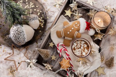 Bir fincan ve kurabiyeyle rahat bir Noel kompozisyonu. Şekerli sıcak çikolata..