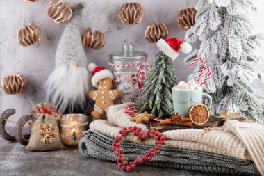 Bir fincan ve kurabiyeyle rahat bir Noel kompozisyonu. Şekerli sıcak çikolata..