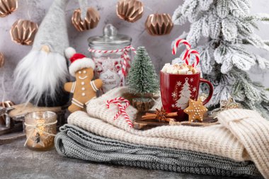 Bir fincan ve kurabiyeyle rahat bir Noel kompozisyonu. Şekerli sıcak çikolata..