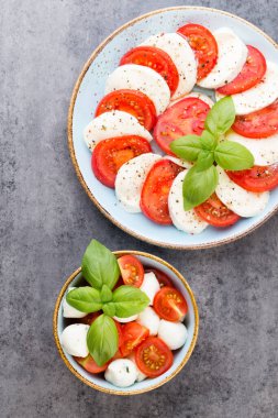 Domates, mozzarella peyniri, fesleğen ve baharatlar gri tahtada. İtalyan geleneksel Caprese salata malzemeleri. Akdeniz yemekleri.