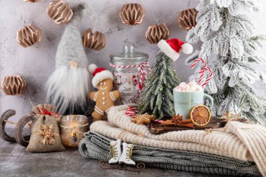 Bir fincan ve kurabiyeyle rahat bir Noel kompozisyonu. Şekerli sıcak çikolata..