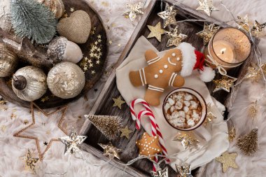 Bir fincan ve kurabiyeyle rahat bir Noel kompozisyonu. Şekerli sıcak çikolata..