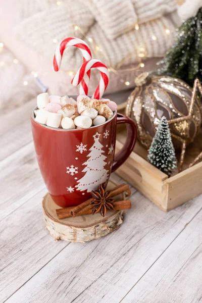 Gezellige Wintersamenstelling Met Een Kopje Warme Chocolademelk Met Marshmallow — Stockfoto