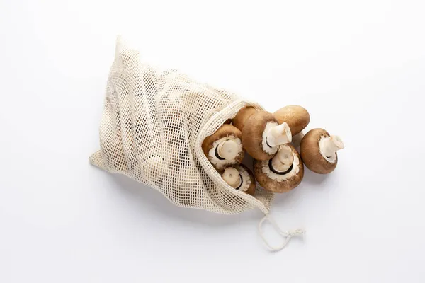 Fresh Champignon Mushrooms Eco Cotton Bags White Background — Stock Photo, Image
