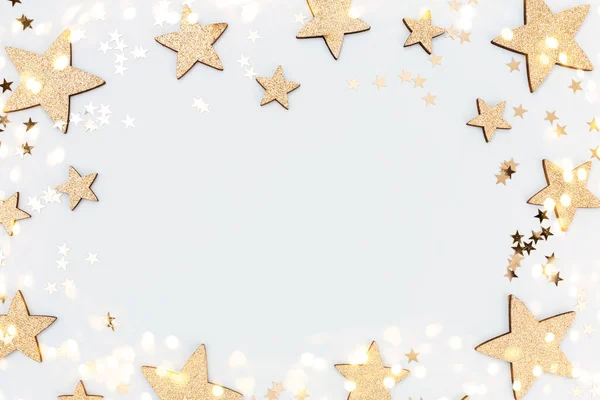 Feestelijke Pastelachtergrond Kerststerren Glanzende Glitter Confetti Pastelachtergrond Kerst Achtergrond Plat — Stockfoto