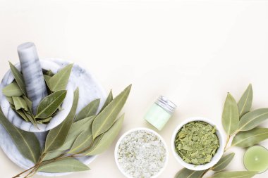 Spa ve banyo ev yapımı kozmetik ürünleri. Pastel arka planda kaplıca ürünleri olan şişeler, üst görünüm.. 