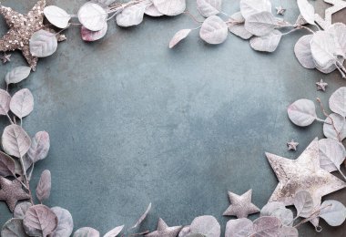 Yeni yıl kutlaması ve Noel arkaplanı okaliptüs ve Noel yıldızı süslemeleri..