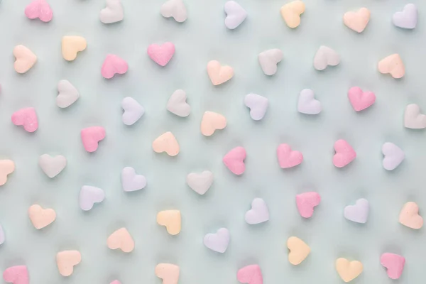 Valentine Day Background Composition Candy Hearts Pastel Blue Background Valentines — Stock Photo, Image