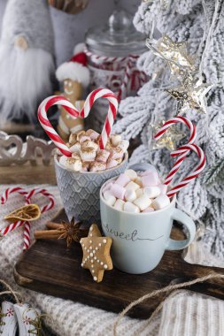 Bir fincan ve kurabiyeyle rahat bir Noel kompozisyonu. Şekerli sıcak çikolata..